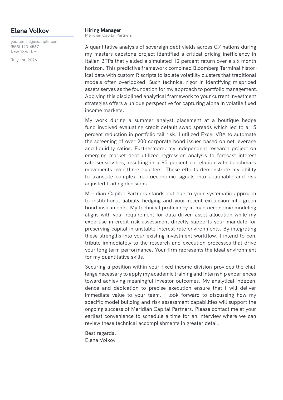 Fixed Income Portfolio Manager cover letter in the Margin design