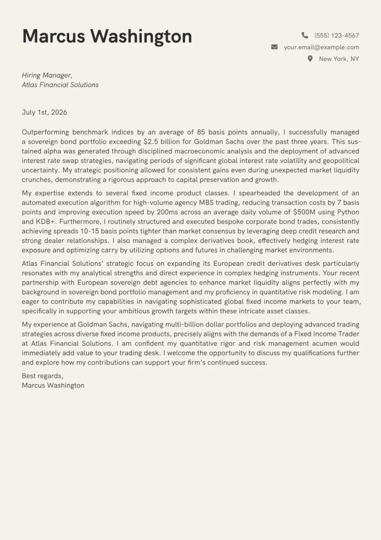 Fixed Income Trader cover letter example preview