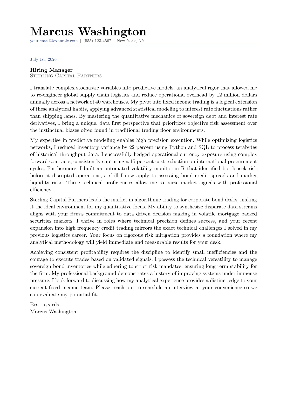 Fixed Income Trader cover letter in the Classic design