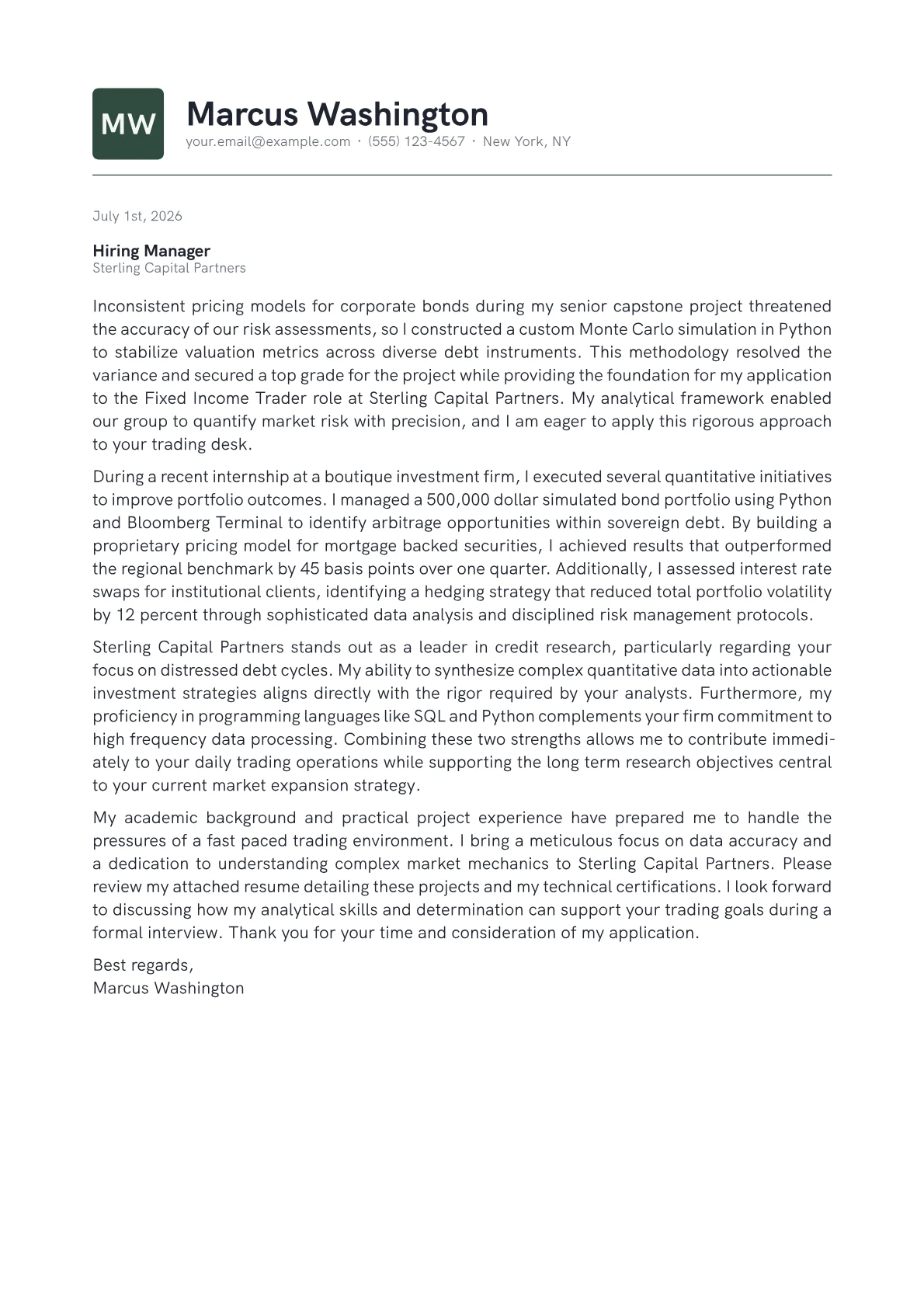 Fixed Income Trader cover letter in the Emblem design