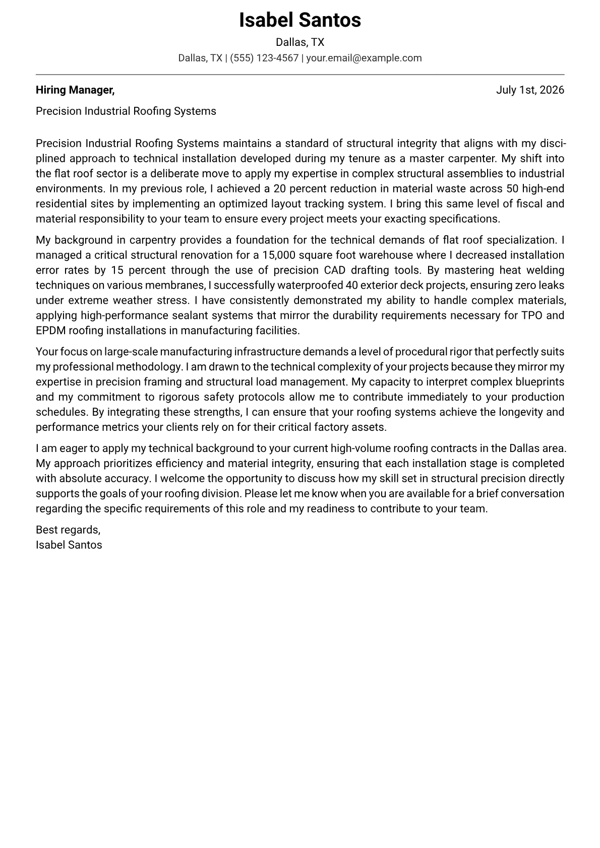 Flat Roof Specialist cover letter in the Modern design
