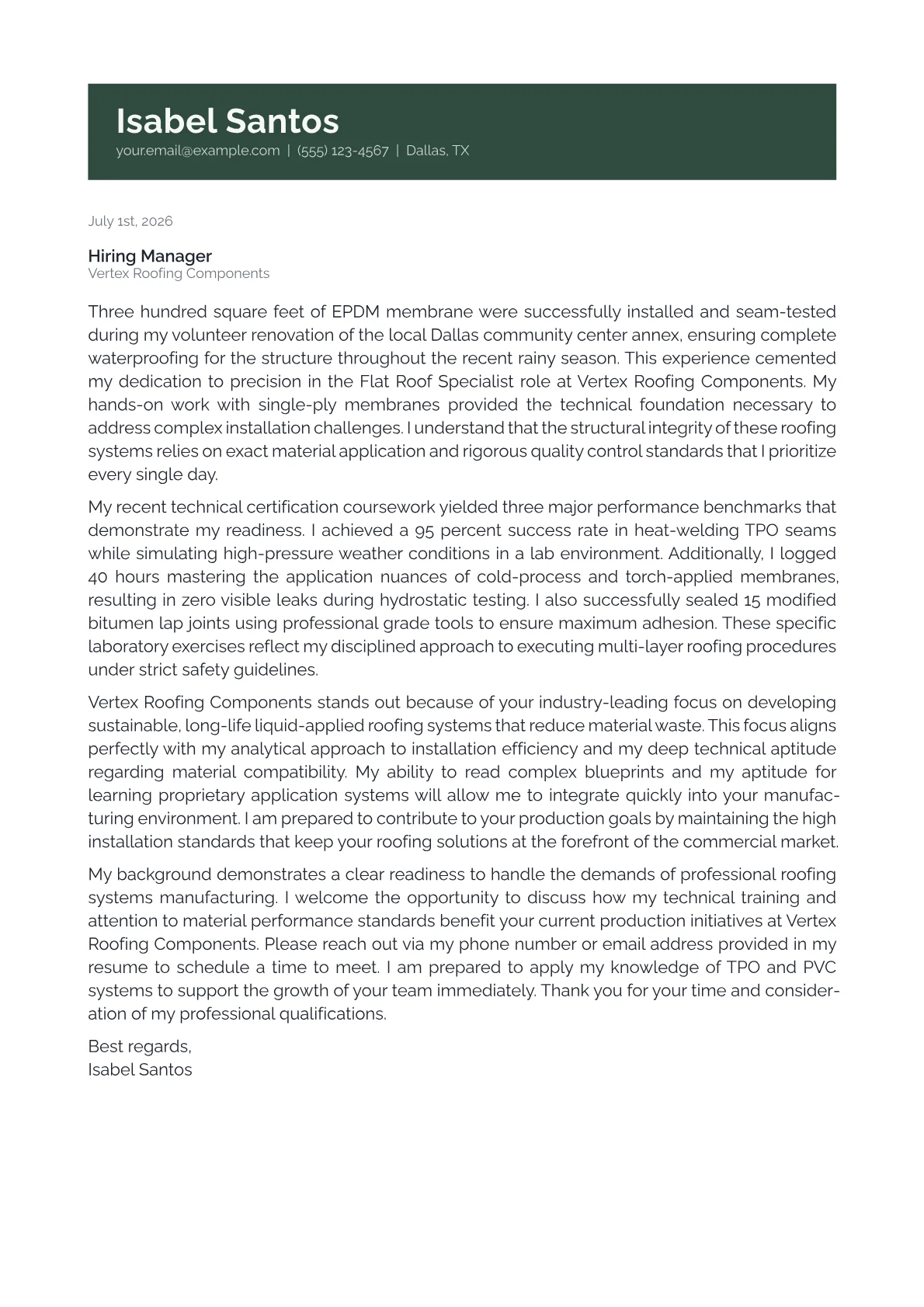 Flat Roof Specialist cover letter in the Banner design