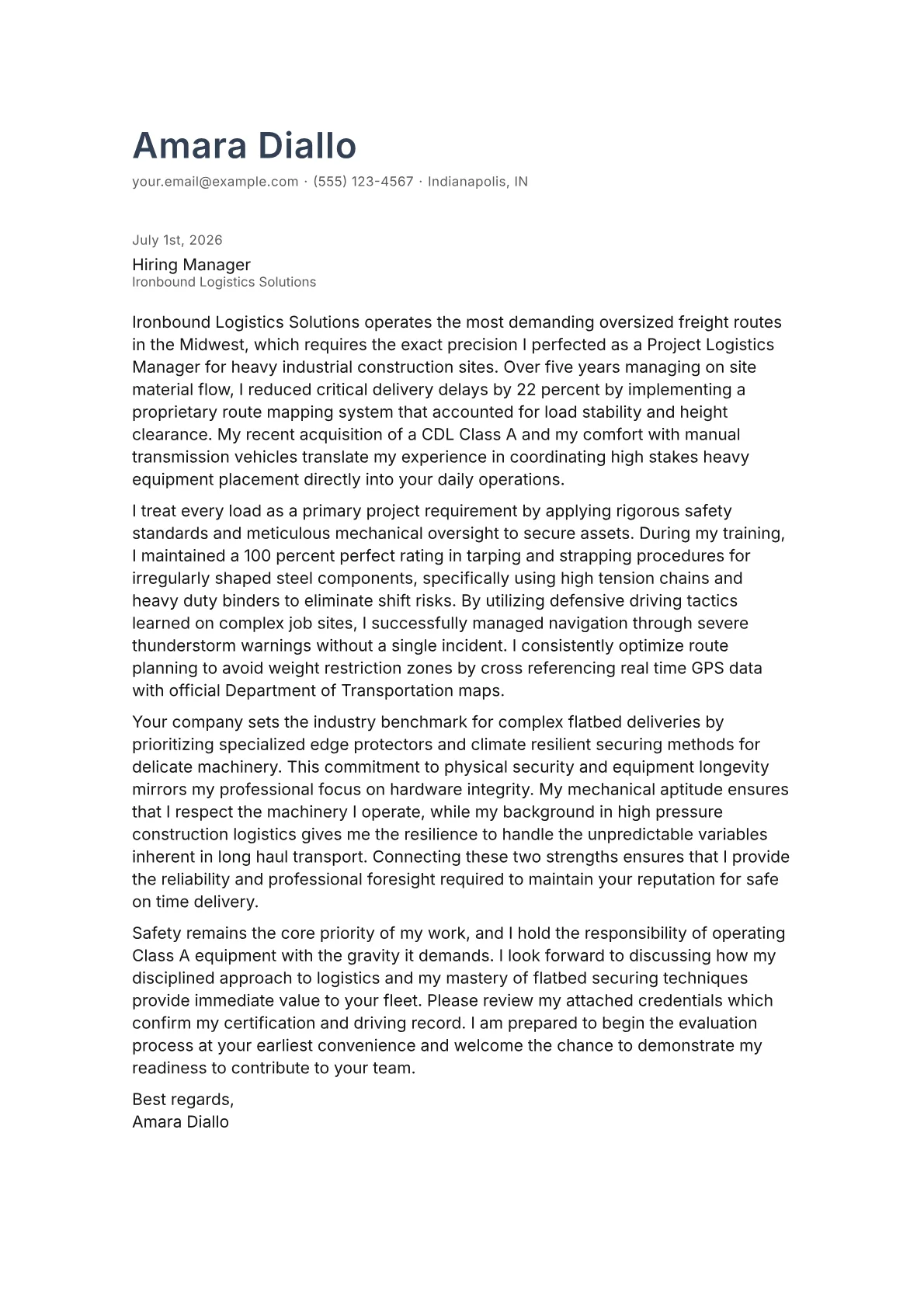 Flatbed Truck Driver cover letter in the Minimal design
