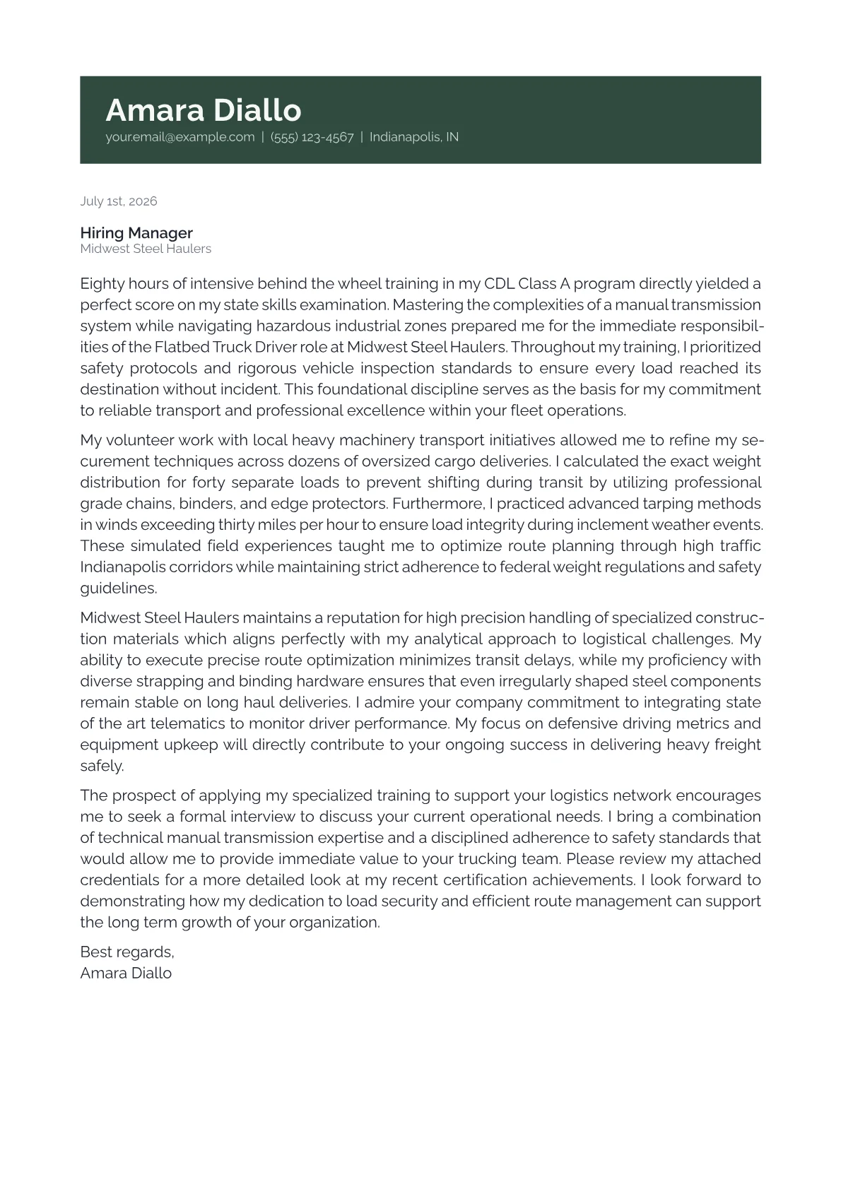 Flatbed Truck Driver cover letter in the Banner design