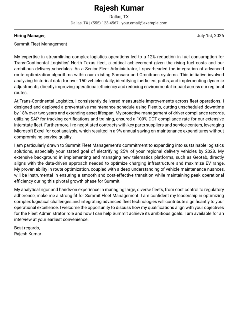 Fleet Administrator cover letter example preview