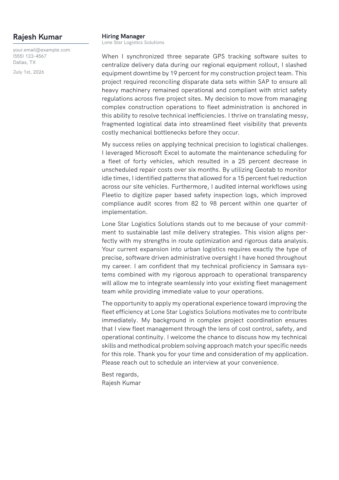 Fleet Administrator cover letter in the Margin design