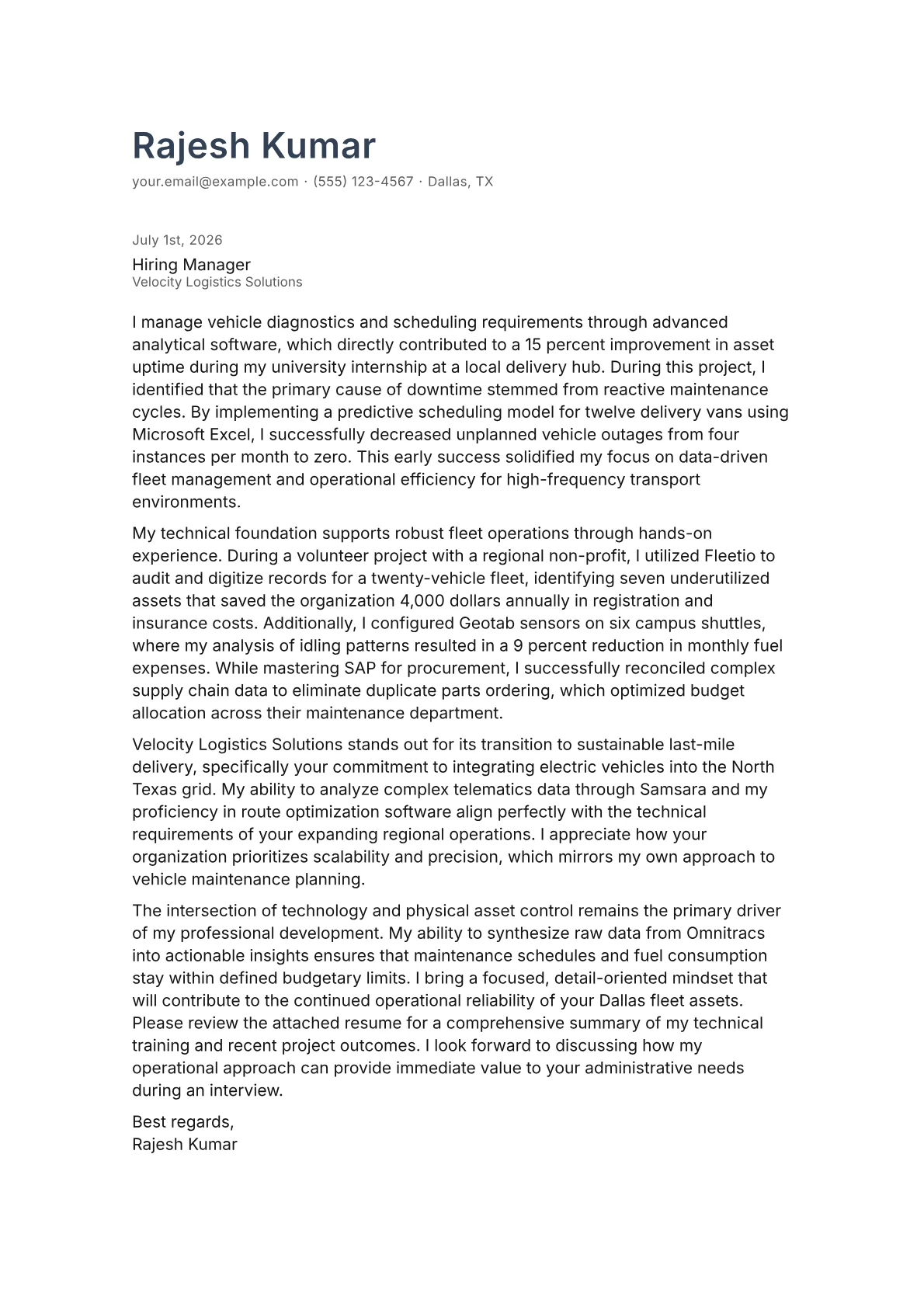 Fleet Administrator cover letter in the Minimal design