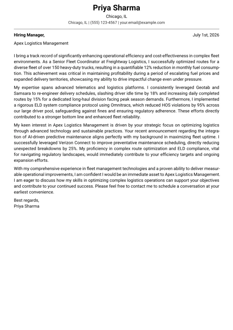 Fleet Coordinator cover letter example preview