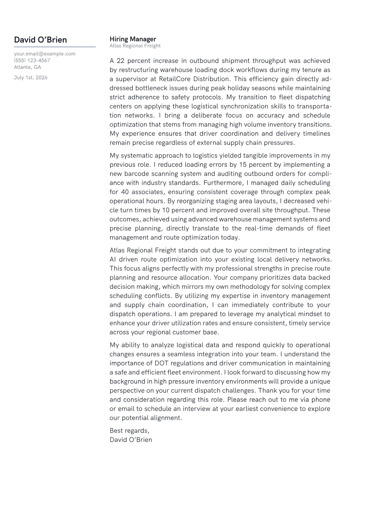 Fleet Dispatcher cover letter in the Margin design