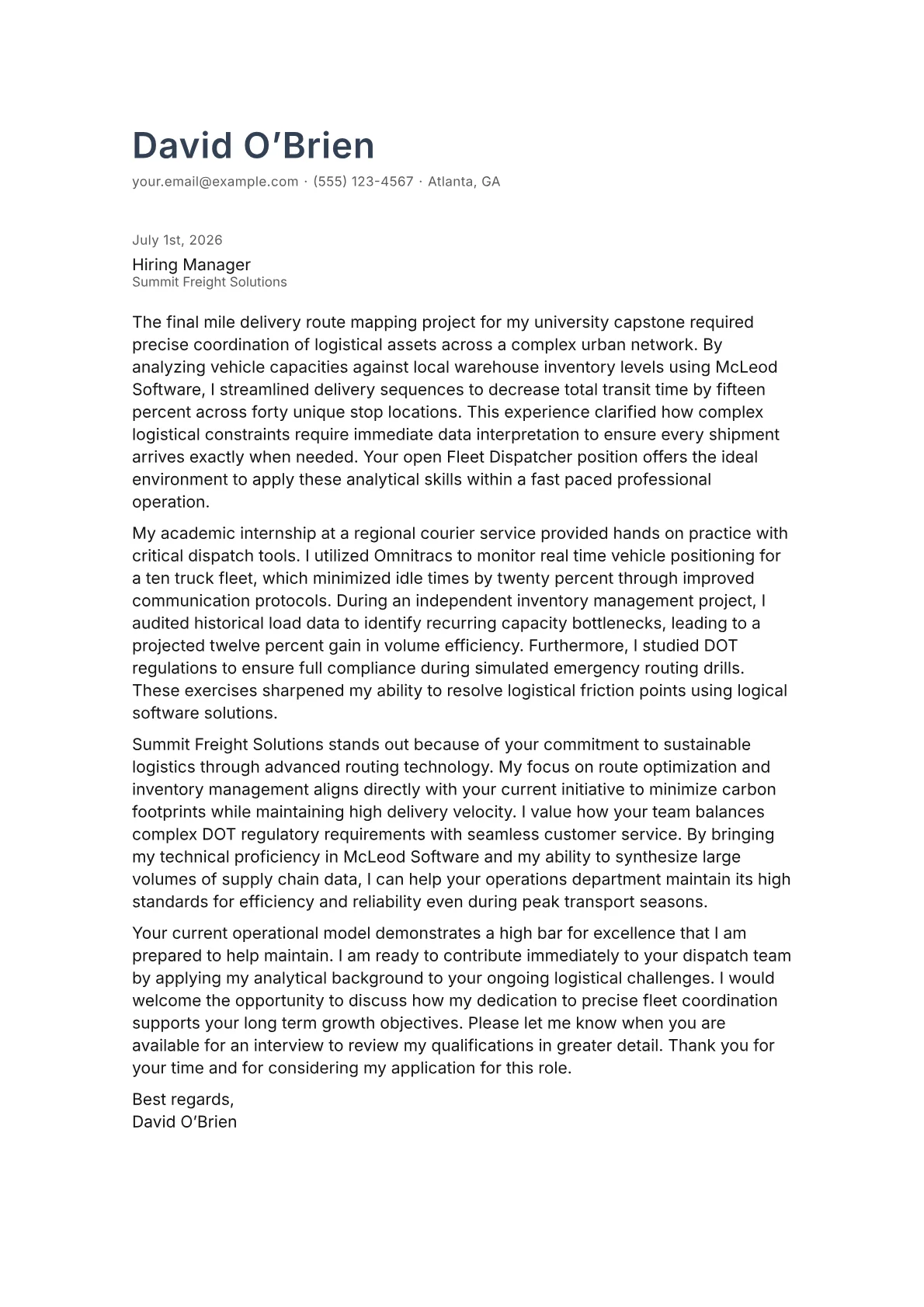 Fleet Dispatcher cover letter in the Minimal design