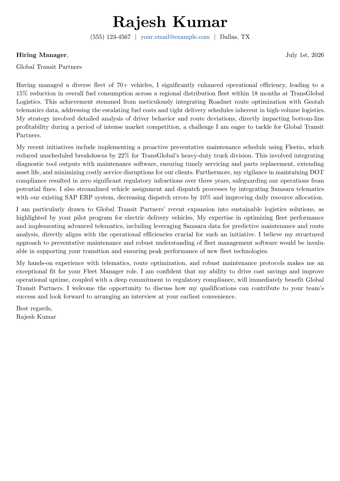 Fleet Manager cover letter formatted with a JobSprout template