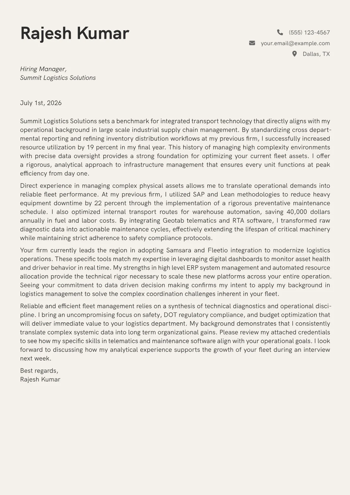 Fleet Manager cover letter in the Creative design