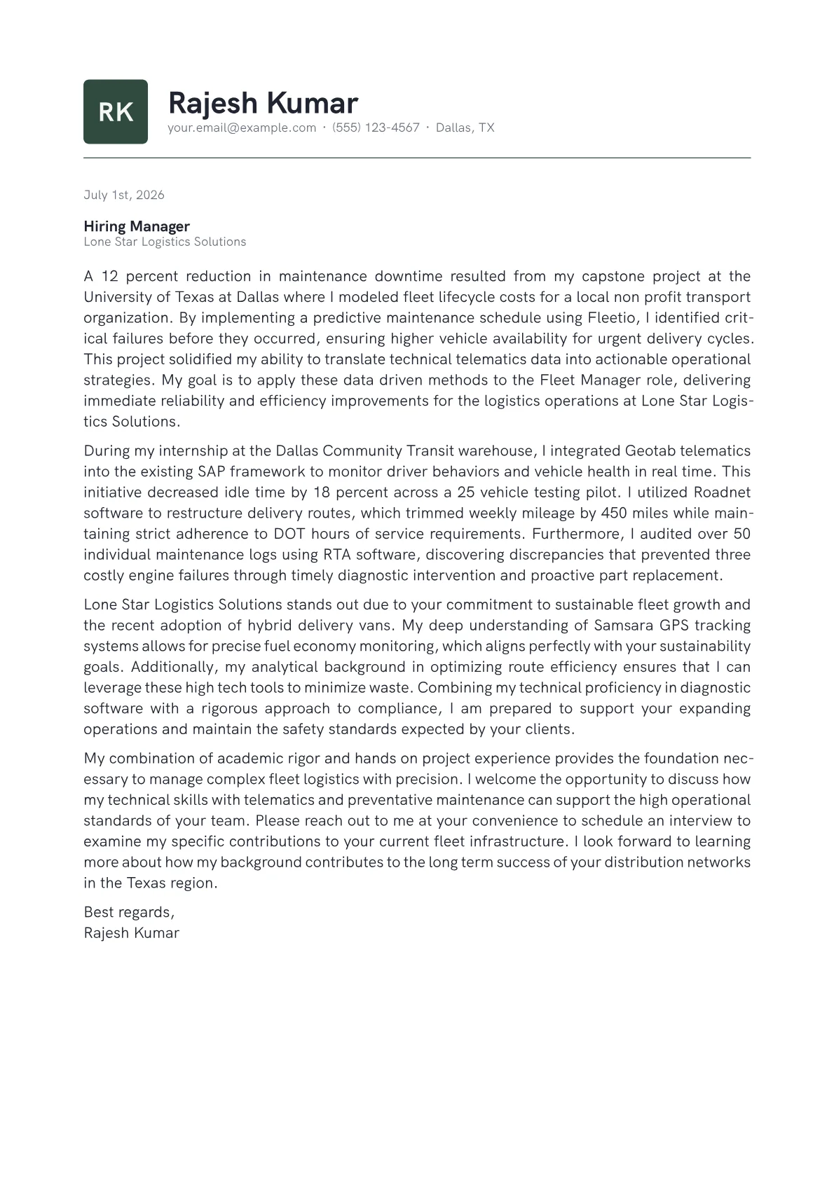 Fleet Manager cover letter in the Emblem design