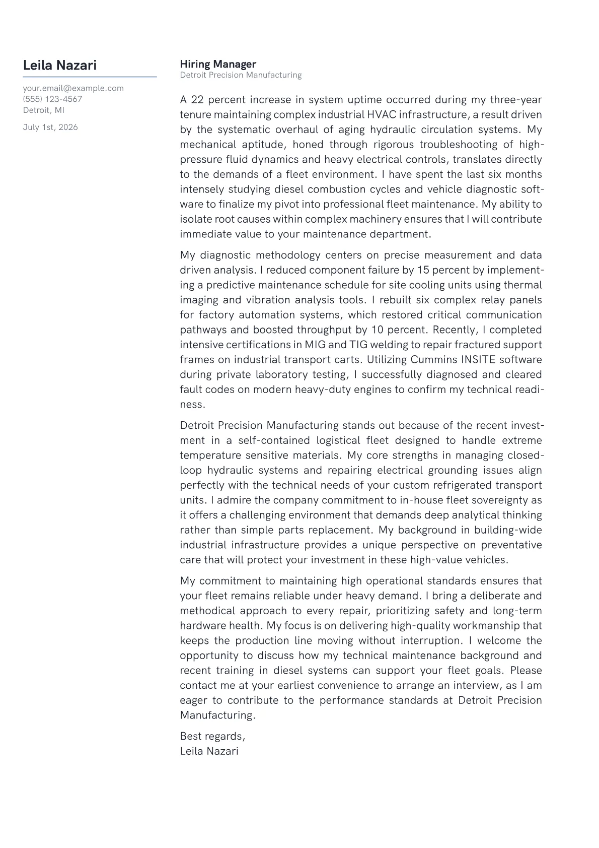 Fleet Mechanic cover letter in the Margin design