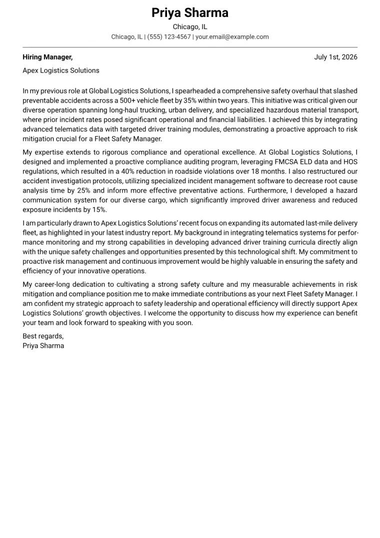 Fleet Safety Manager cover letter example preview