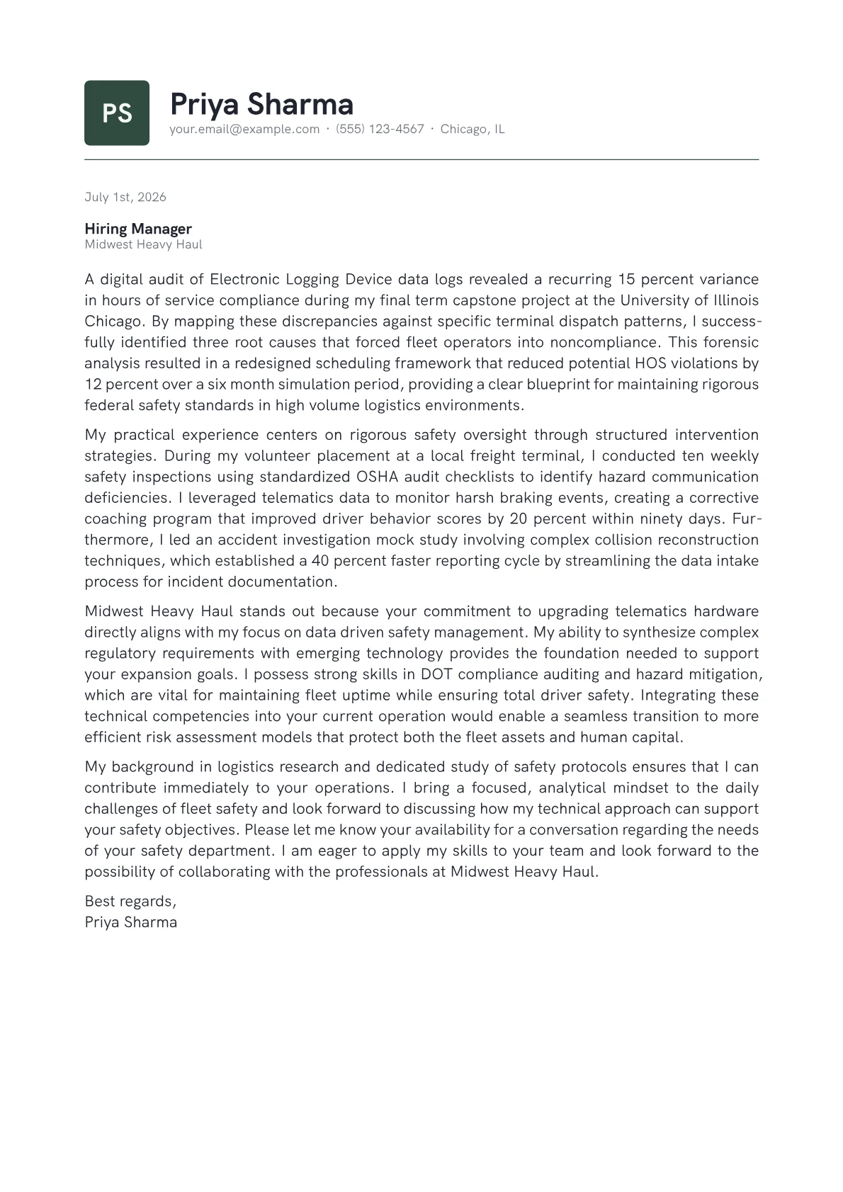 Fleet Safety Manager cover letter in the Emblem design