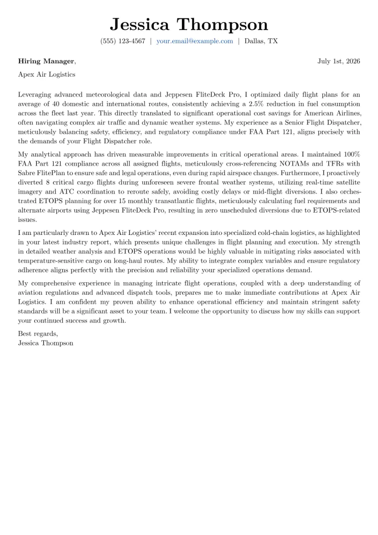 Flight Dispatcher cover letter example preview