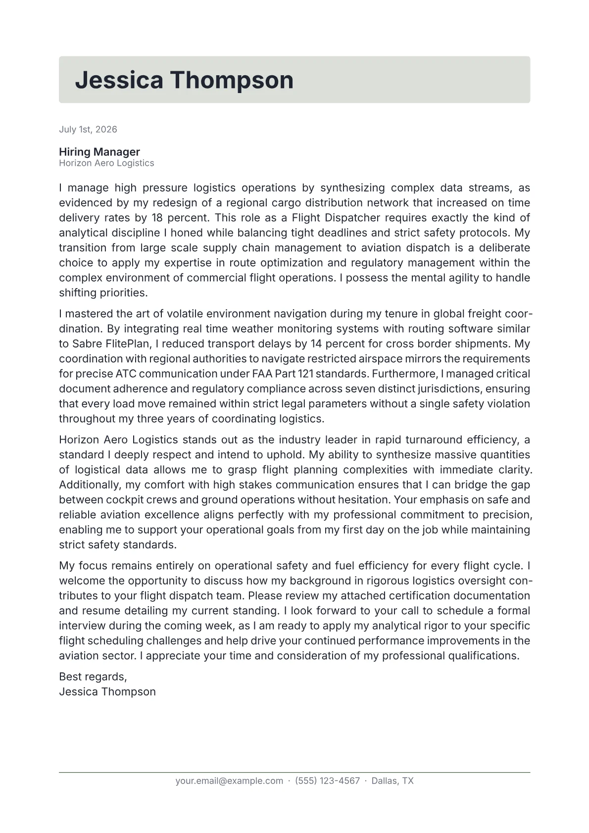 Flight Dispatcher cover letter in the Letterhead design