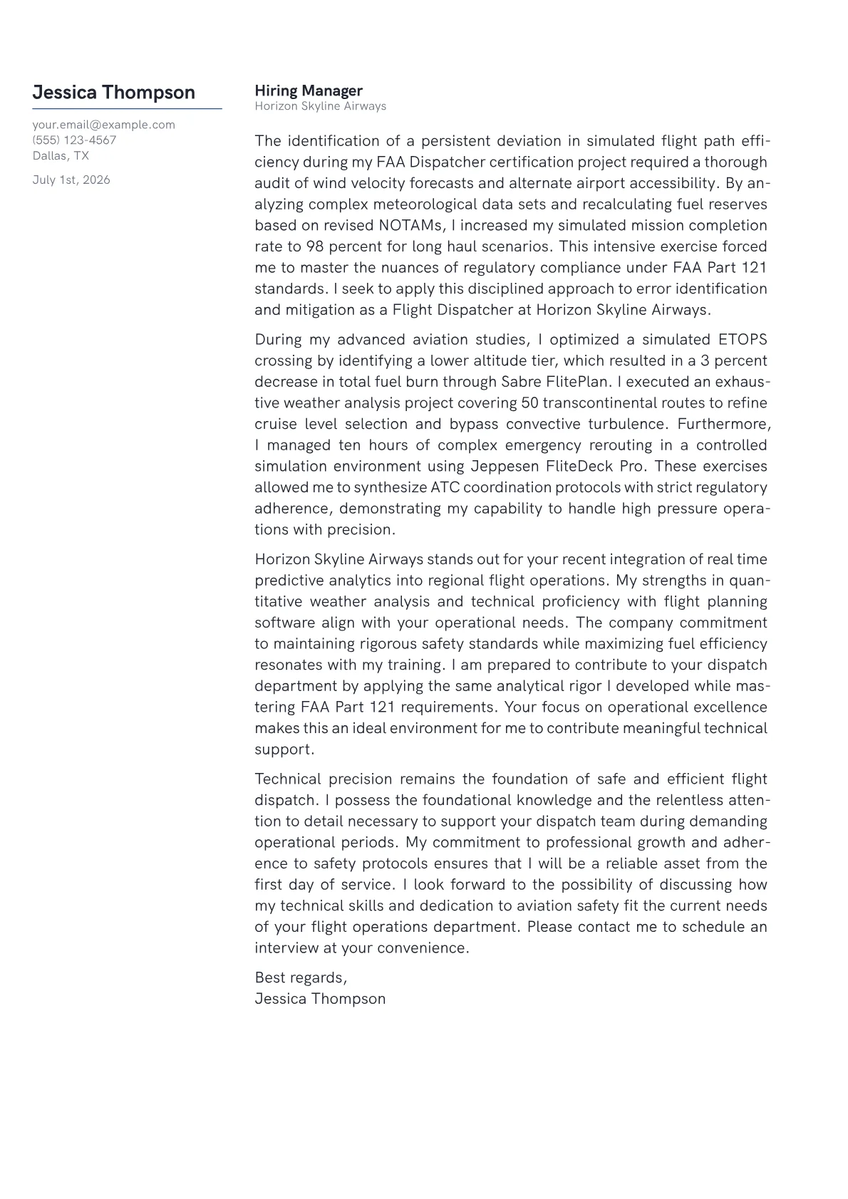 Flight Dispatcher cover letter in the Margin design
