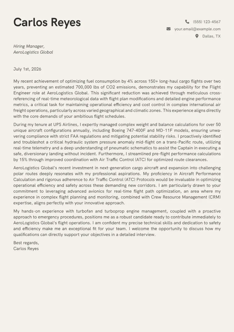 Flight Engineer cover letter example preview
