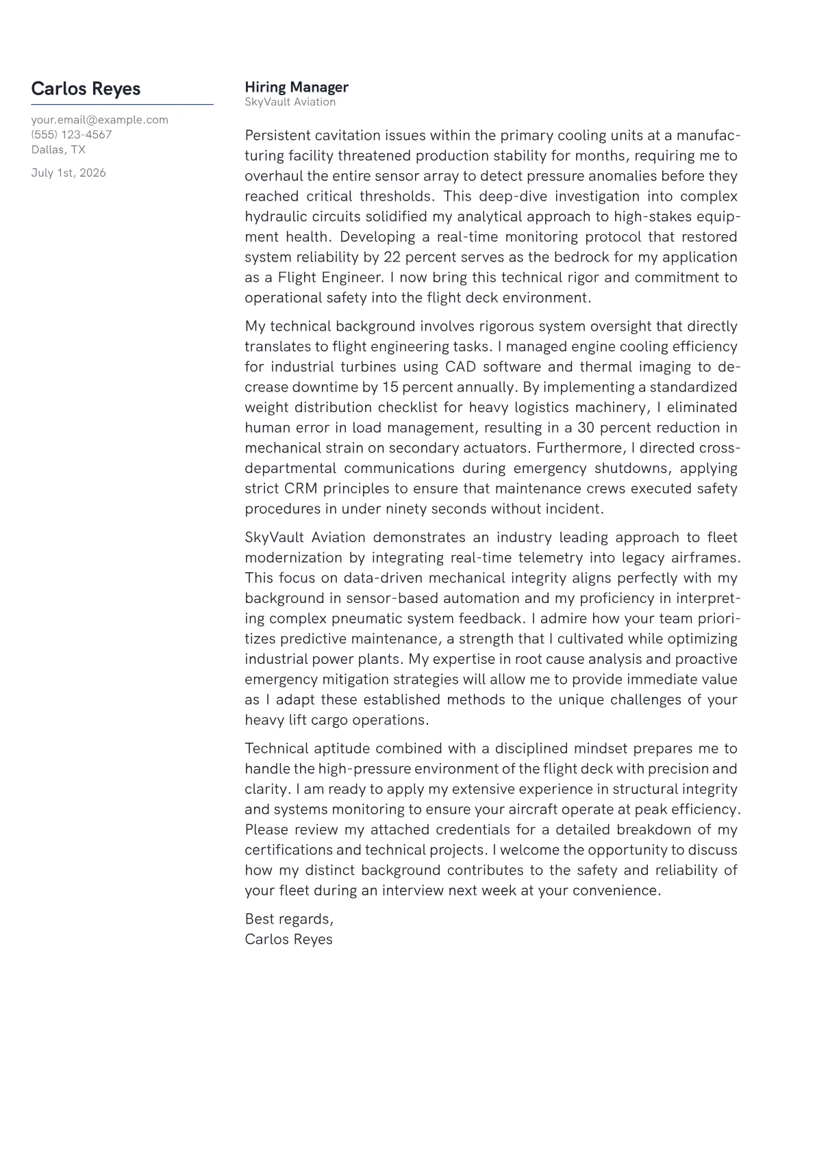 Flight Engineer cover letter in the Margin design