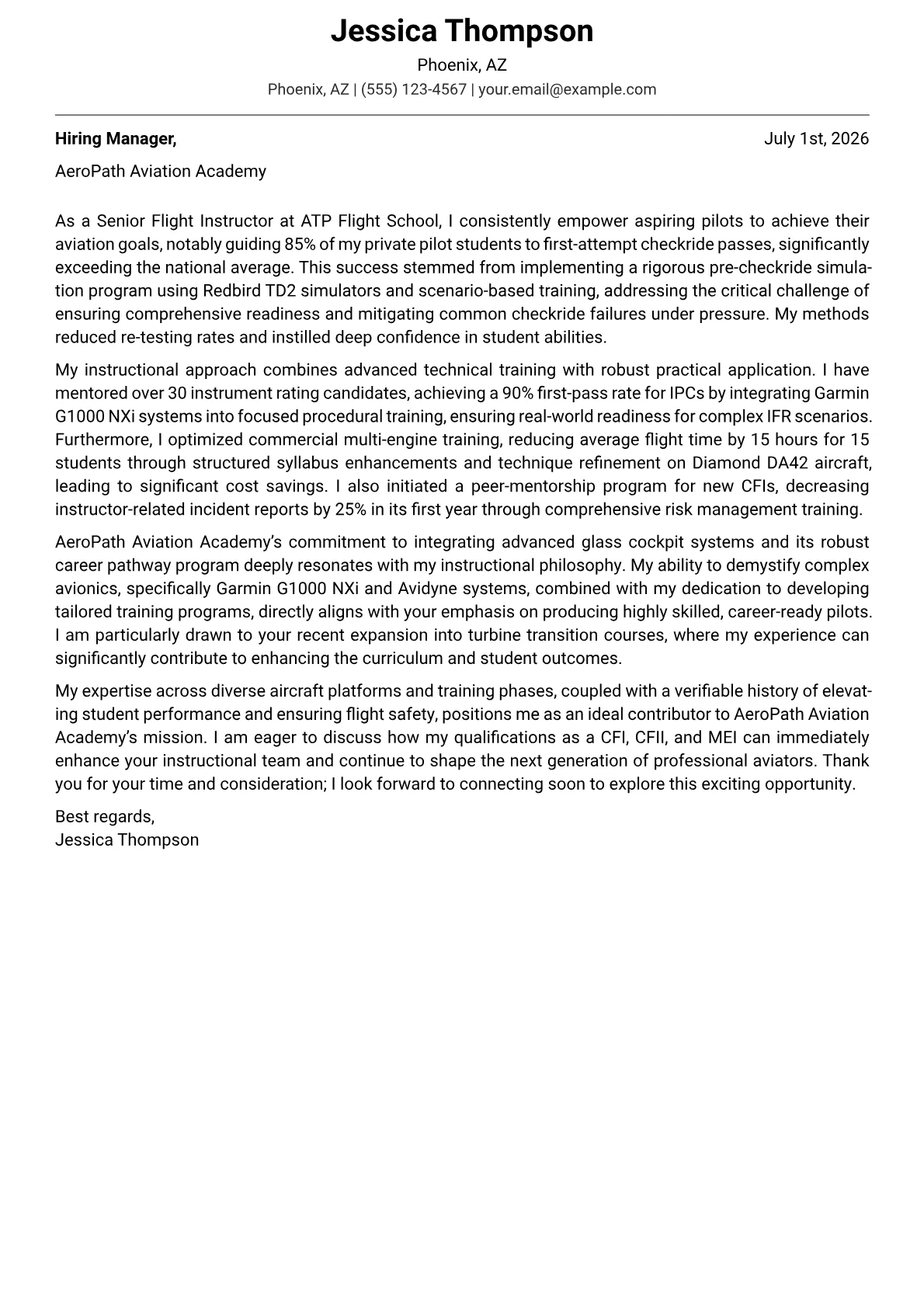 Flight Instructor cover letter formatted with a JobSprout template