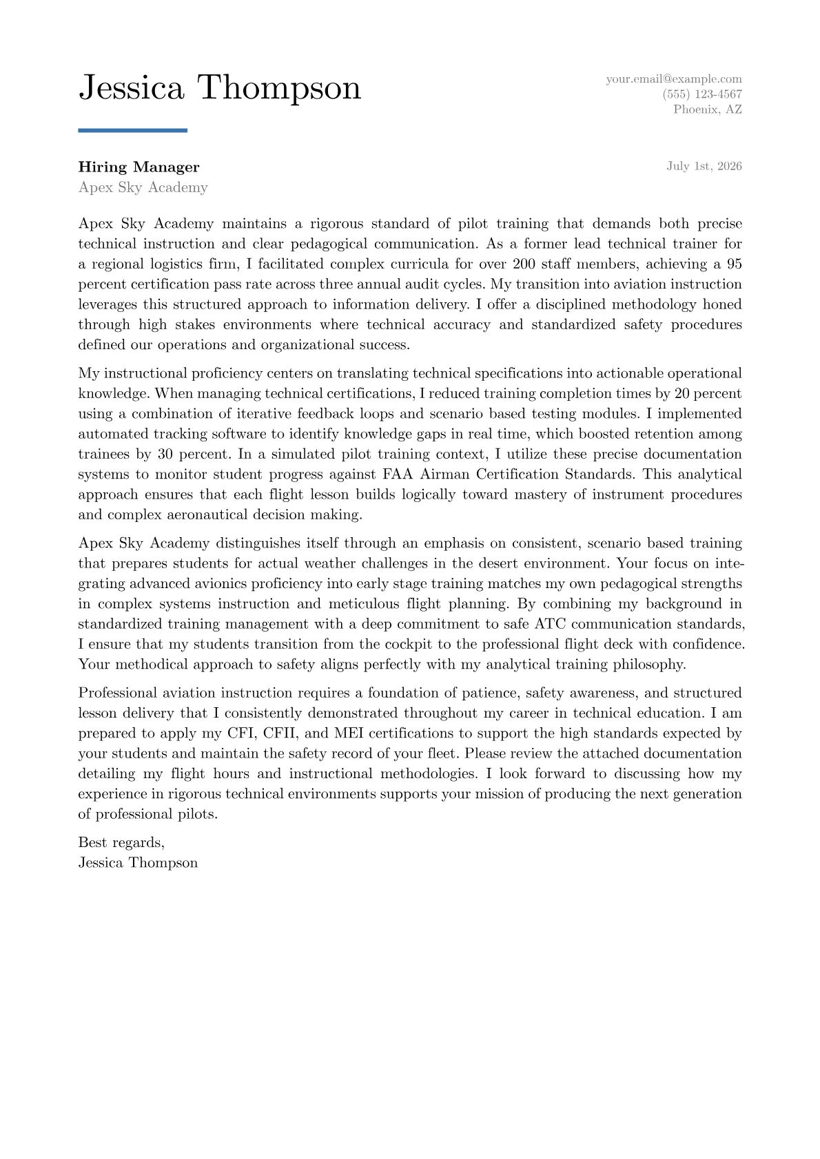 Flight Instructor cover letter in the Executive design