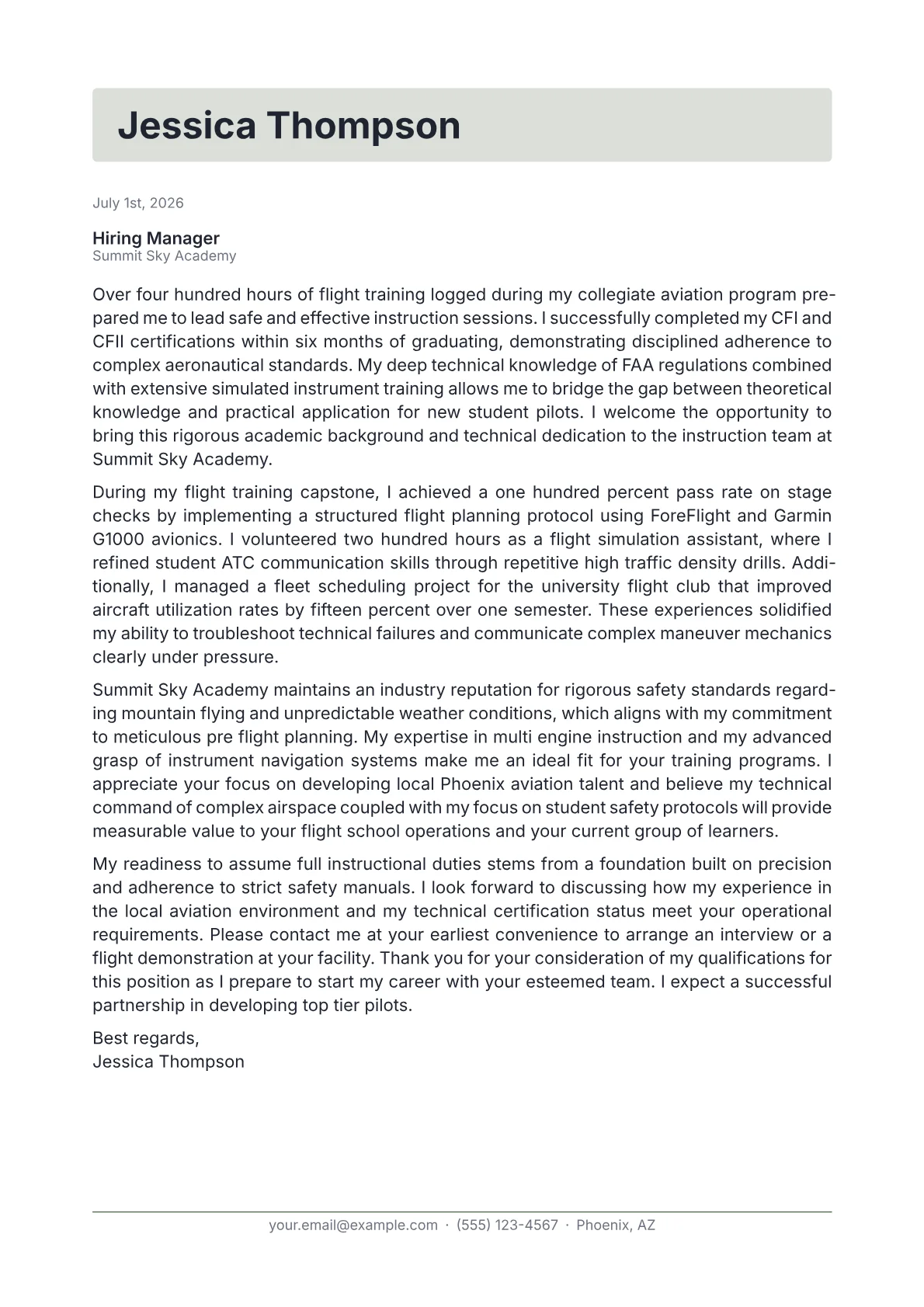 Flight Instructor cover letter in the Letterhead design