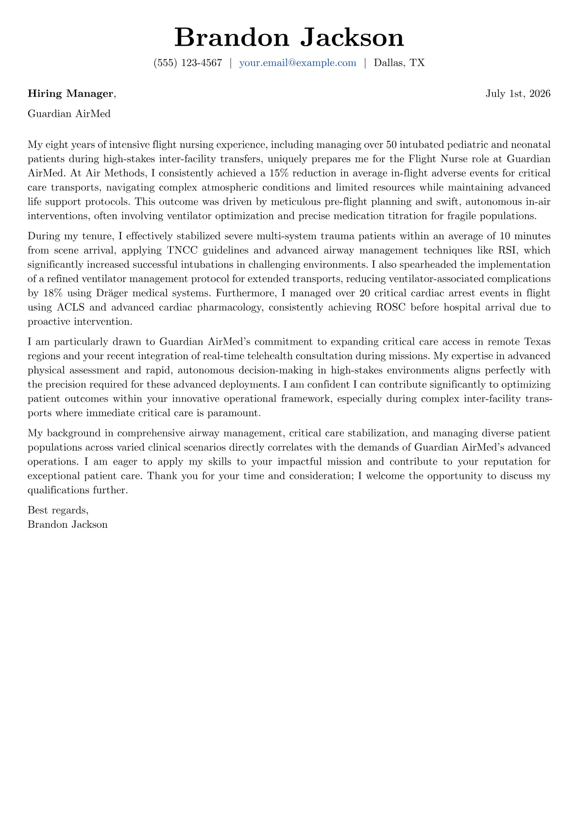 Flight Nurse cover letter formatted with a JobSprout template