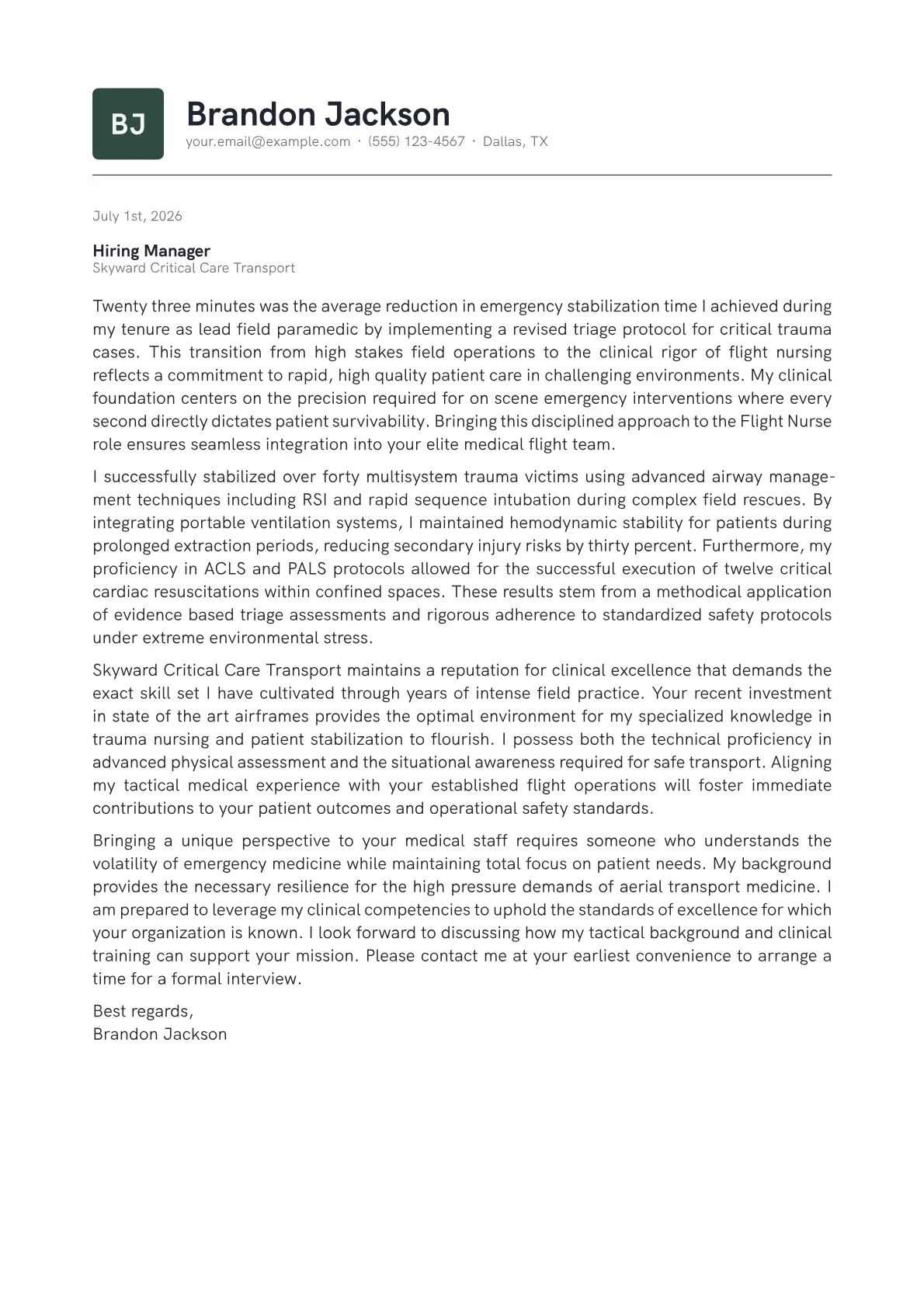 Flight Nurse cover letter in the Emblem design