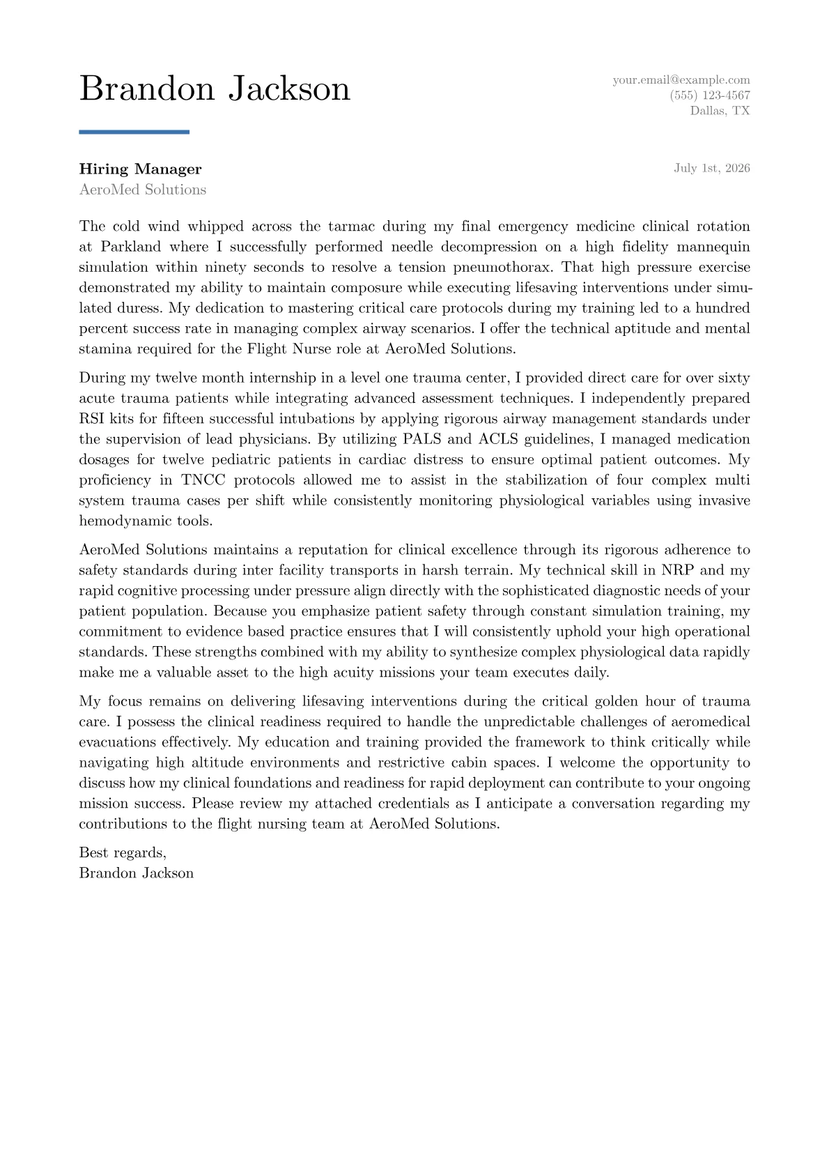 Flight Nurse cover letter in the Executive design