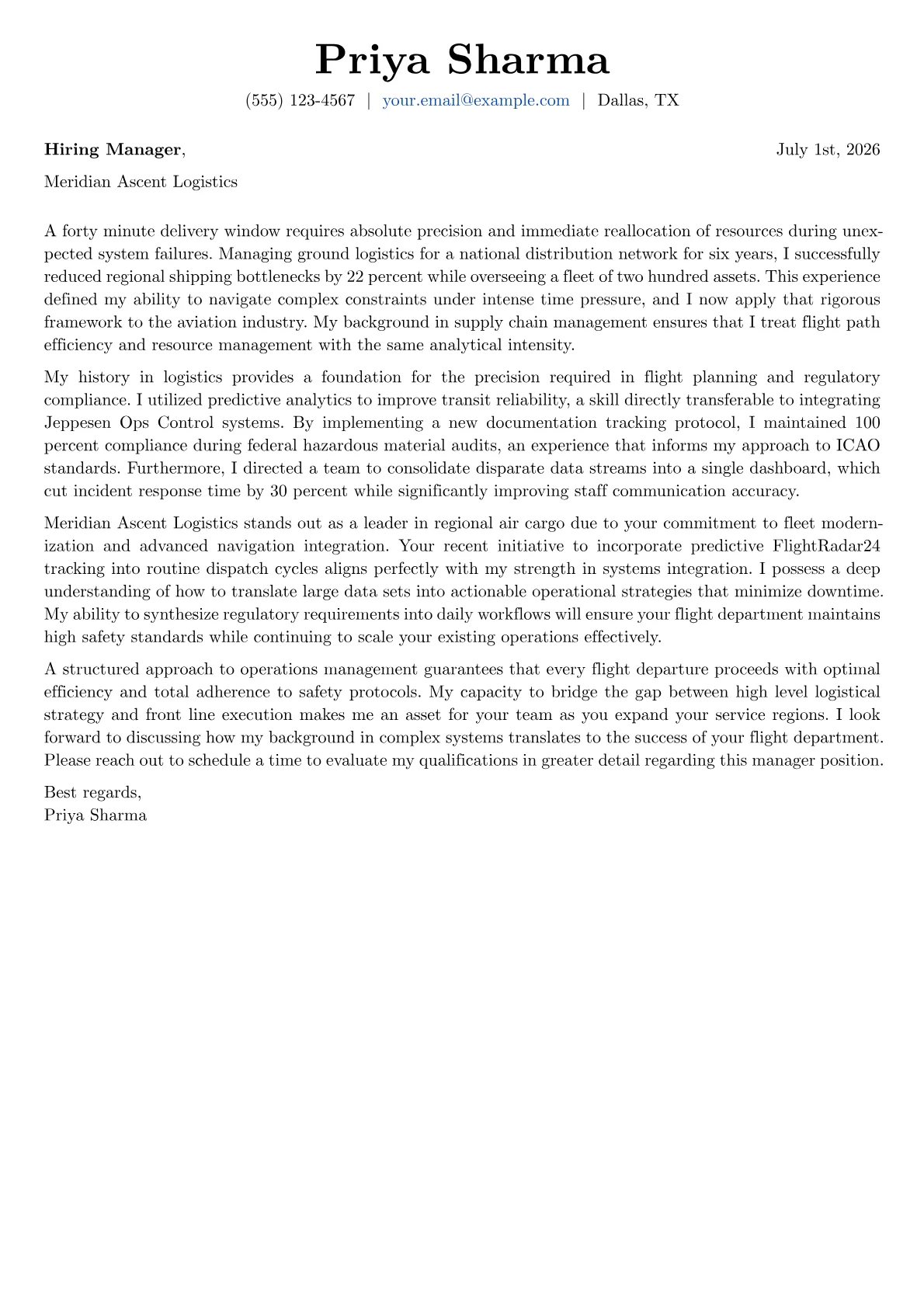 Flight Operations Manager cover letter in the Basic design