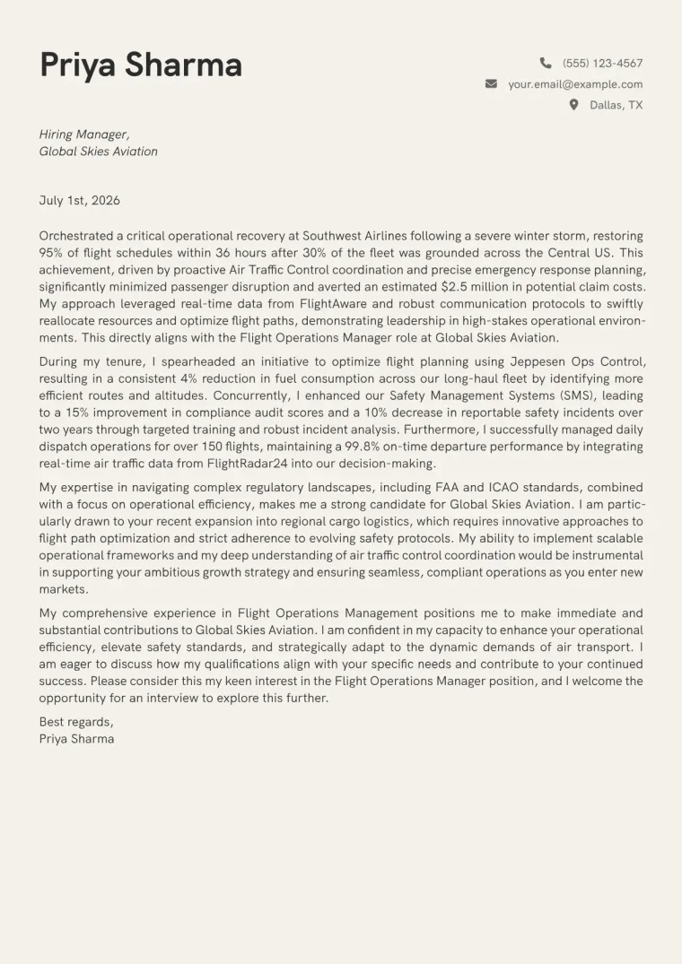 Flight Operations Manager cover letter example preview
