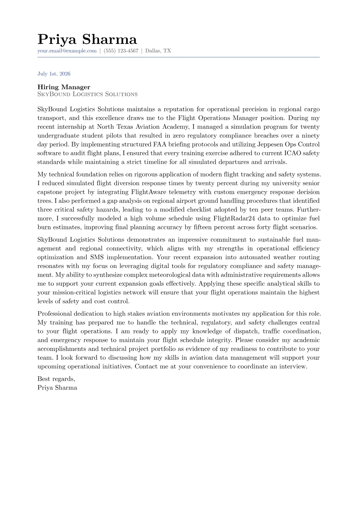 Flight Operations Manager cover letter in the Classic design