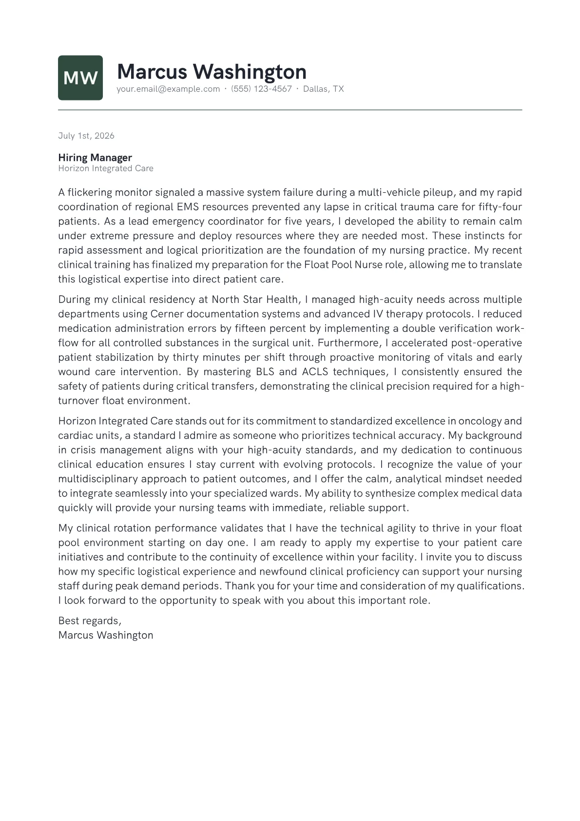 Float Pool Nurse cover letter in the Emblem design