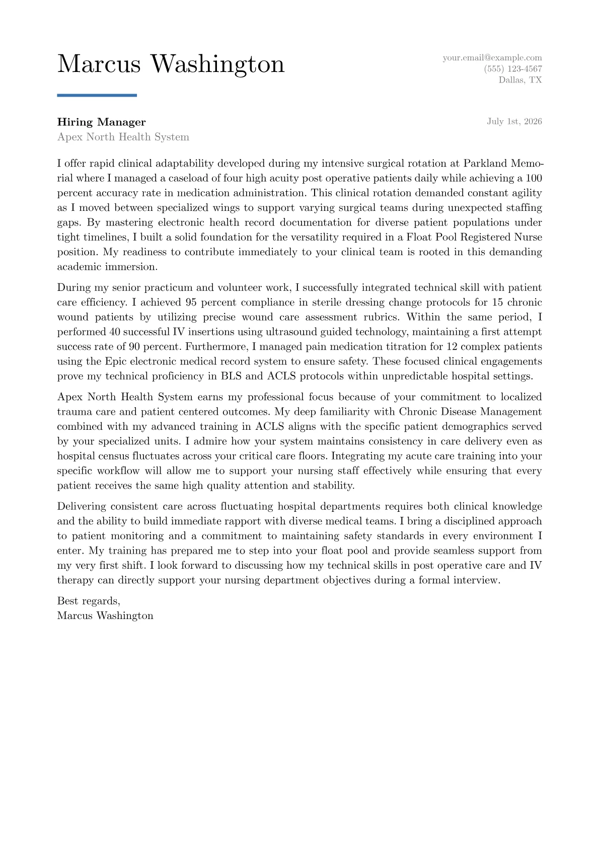 Float Pool Nurse cover letter in the Executive design
