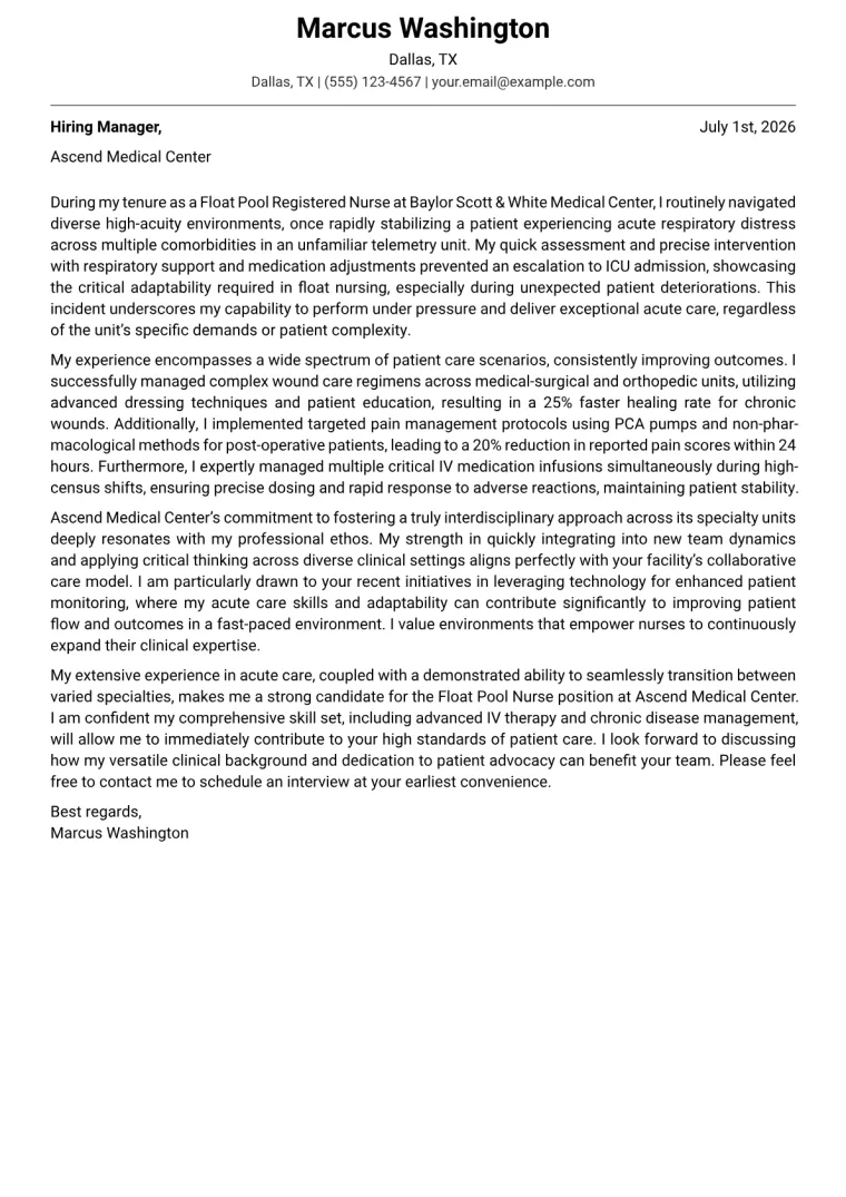 Float Pool Nurse cover letter example preview