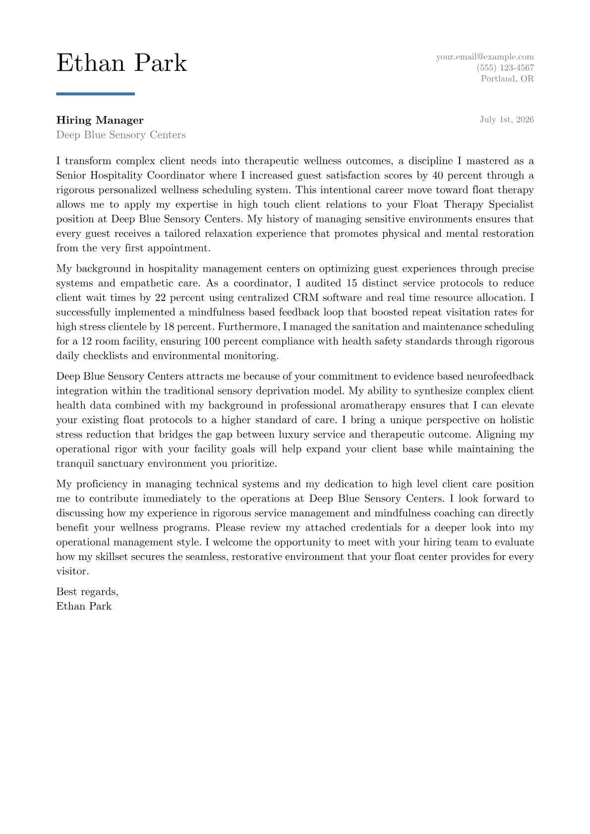 Float Therapy Specialist cover letter in the Executive design