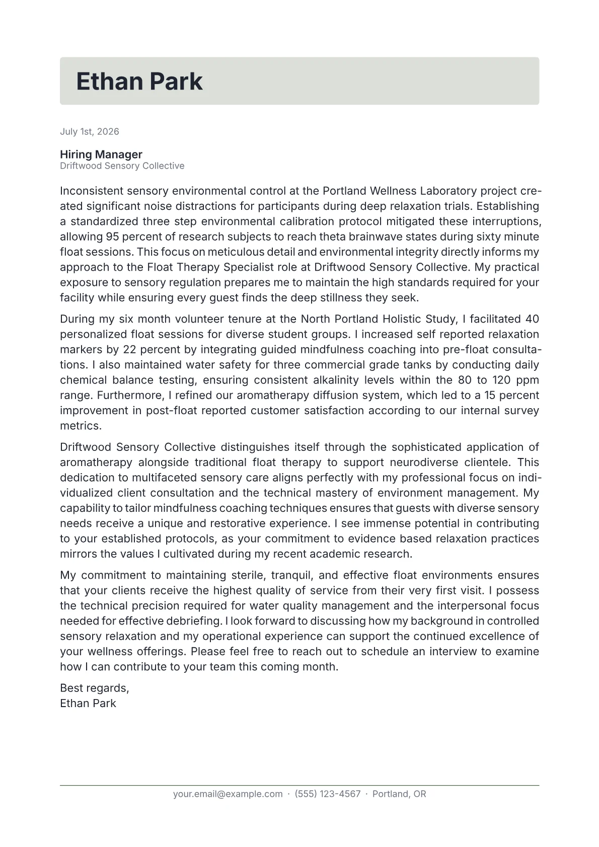 Float Therapy Specialist cover letter in the Letterhead design