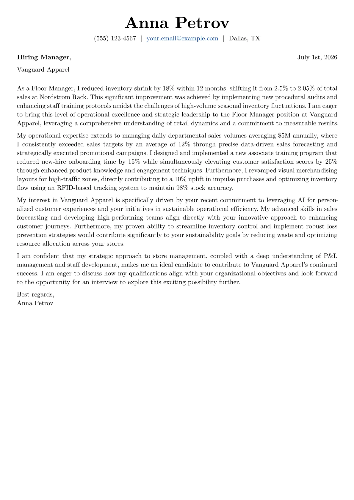 Floor Manager cover letter formatted with a JobSprout template