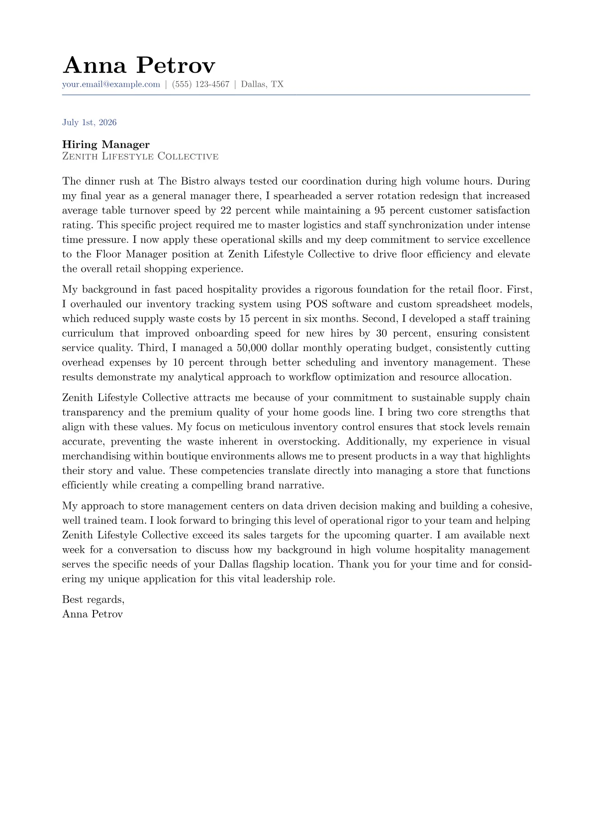 Floor Manager cover letter in the Classic design