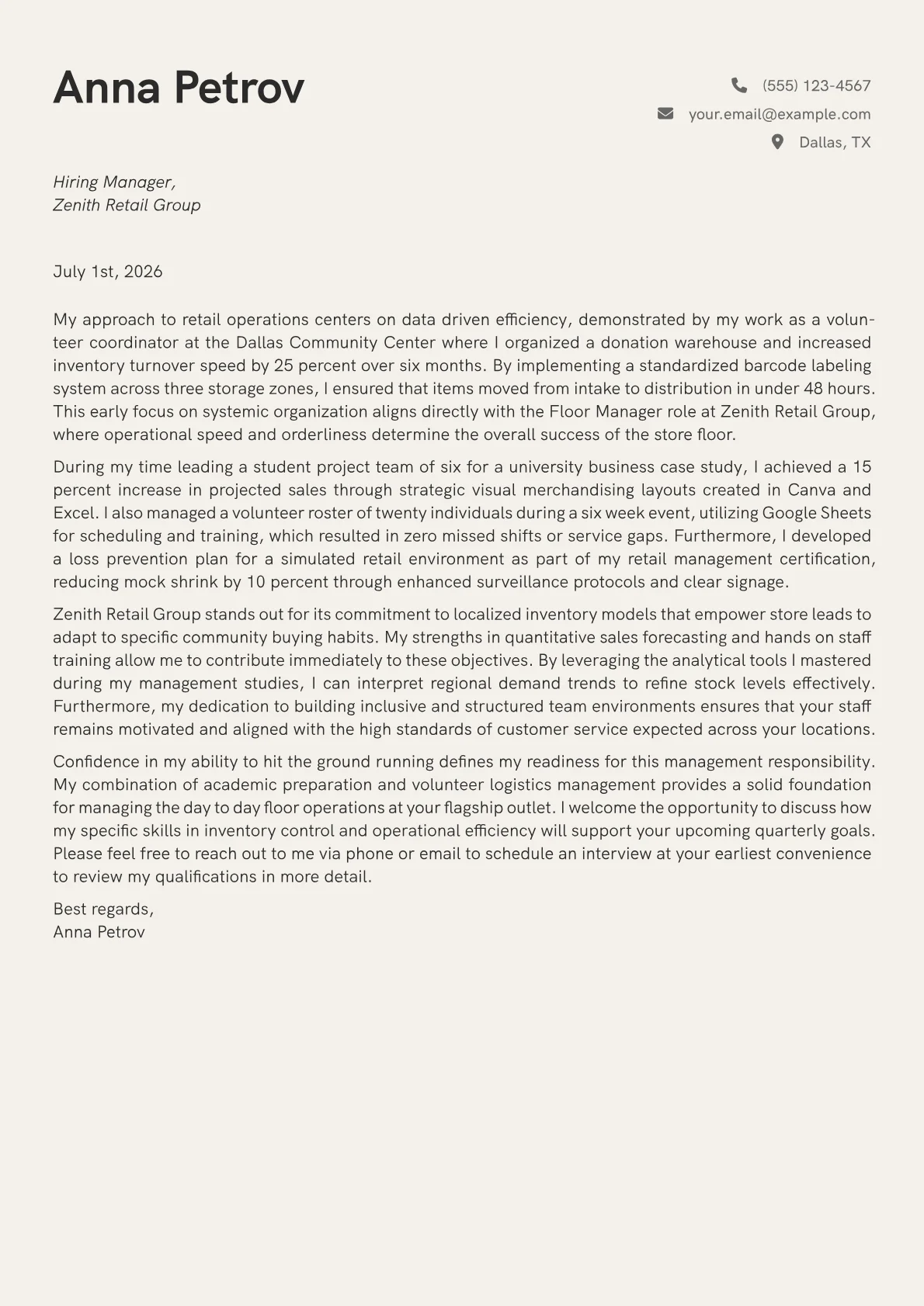 Floor Manager cover letter in the Creative design