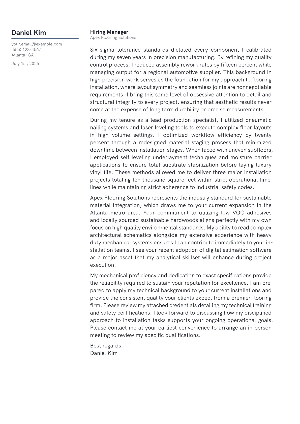 Flooring Installer cover letter in the Margin design