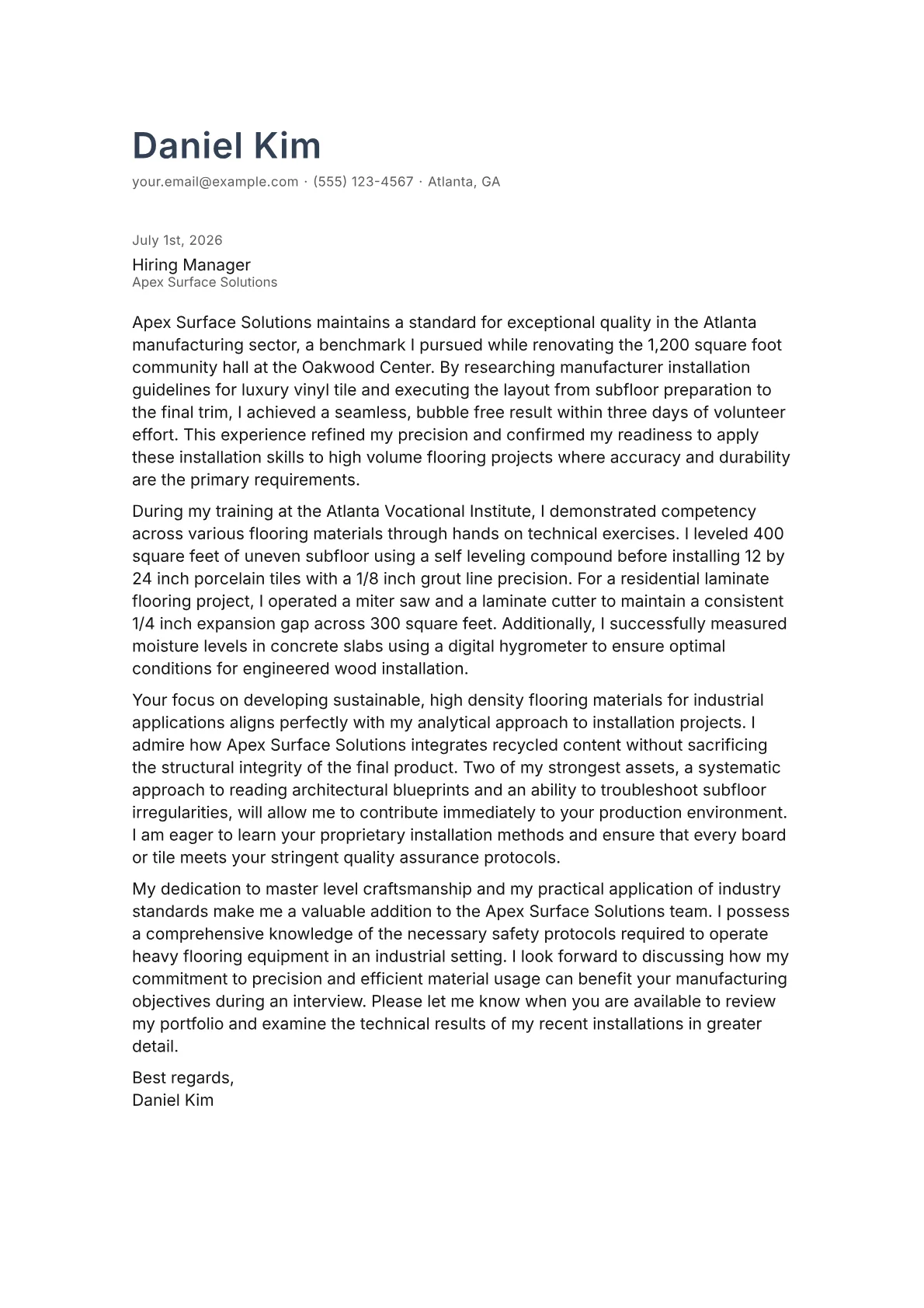 Flooring Installer cover letter in the Minimal design