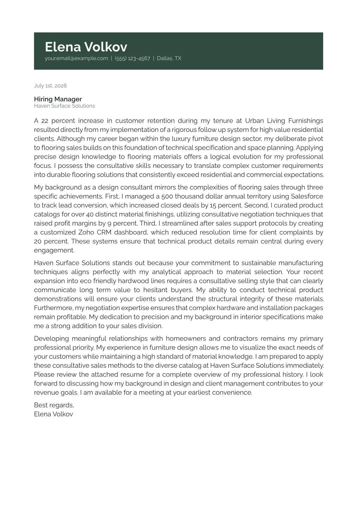 Flooring Sales Specialist cover letter in the Banner design