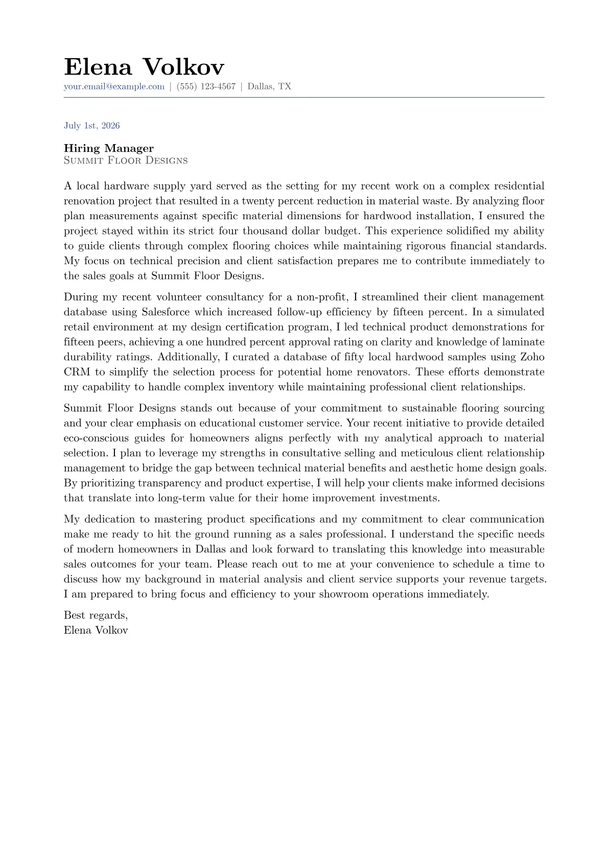 Flooring Sales Specialist cover letter in the Classic design