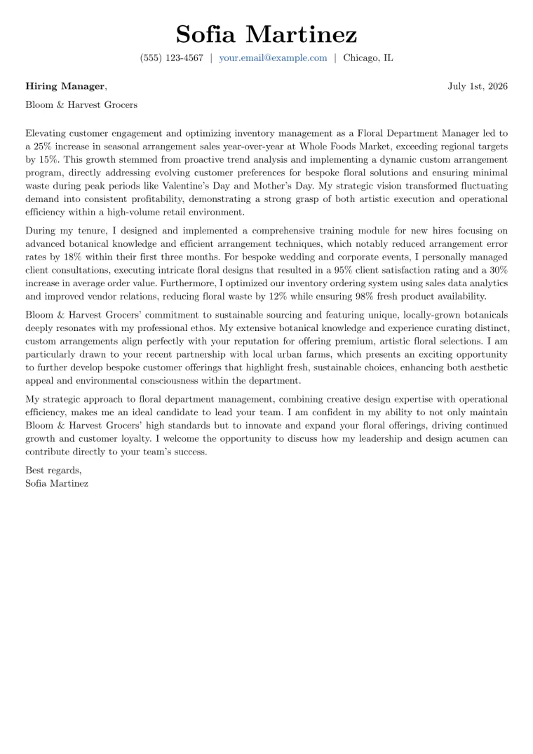 Floral Department Manager cover letter example preview