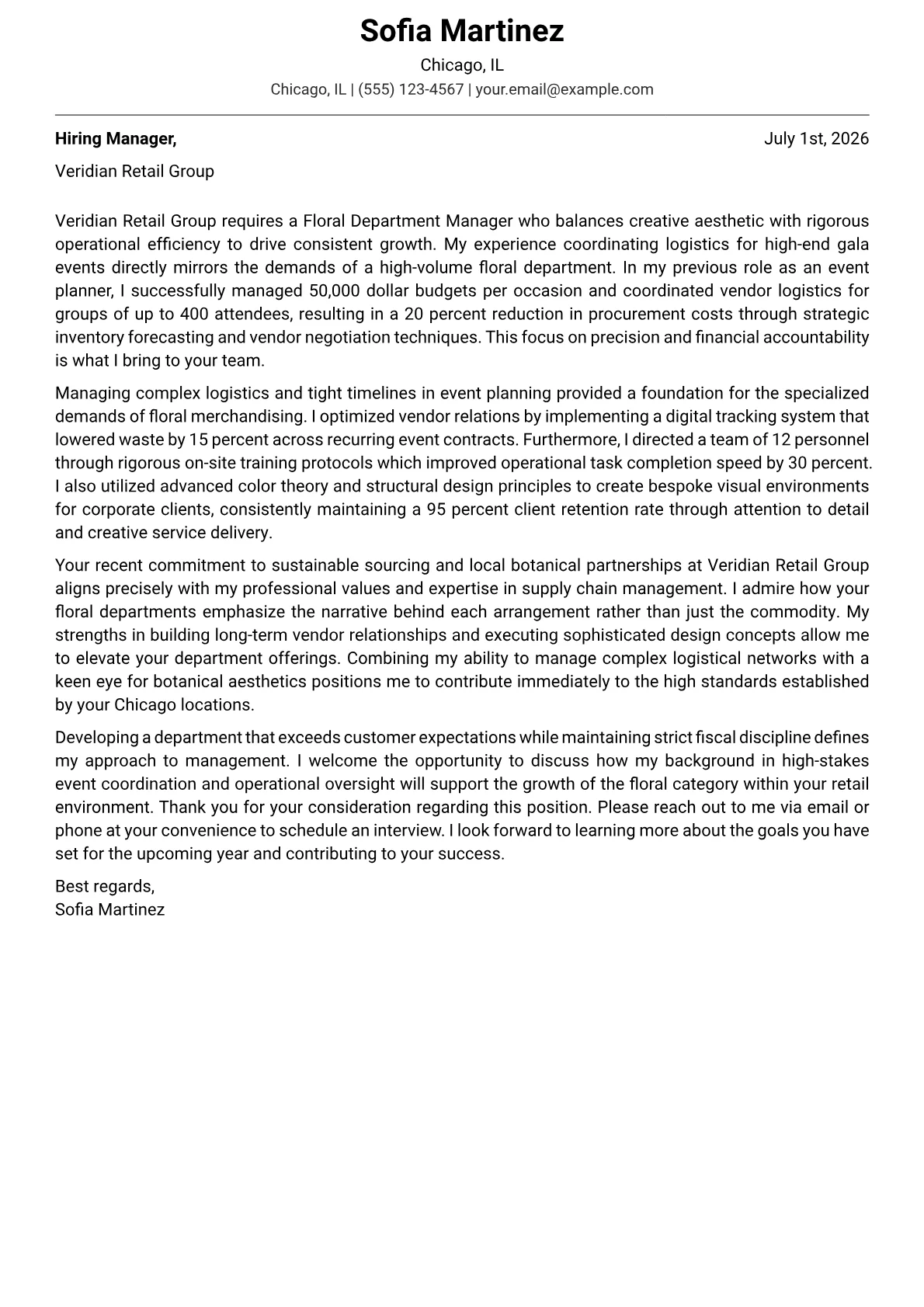 Floral Department Manager cover letter in the Modern design