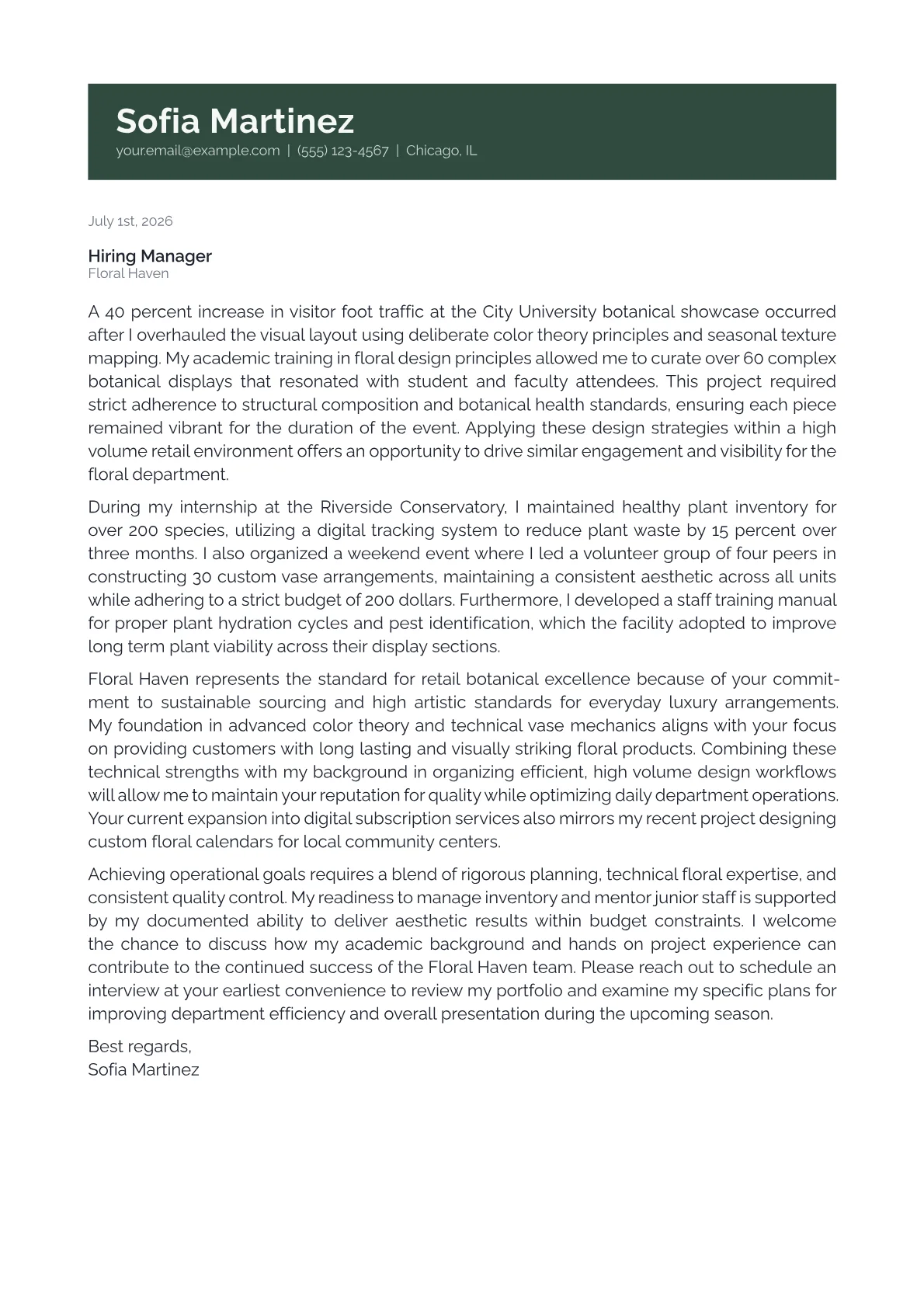 Floral Department Manager cover letter in the Banner design