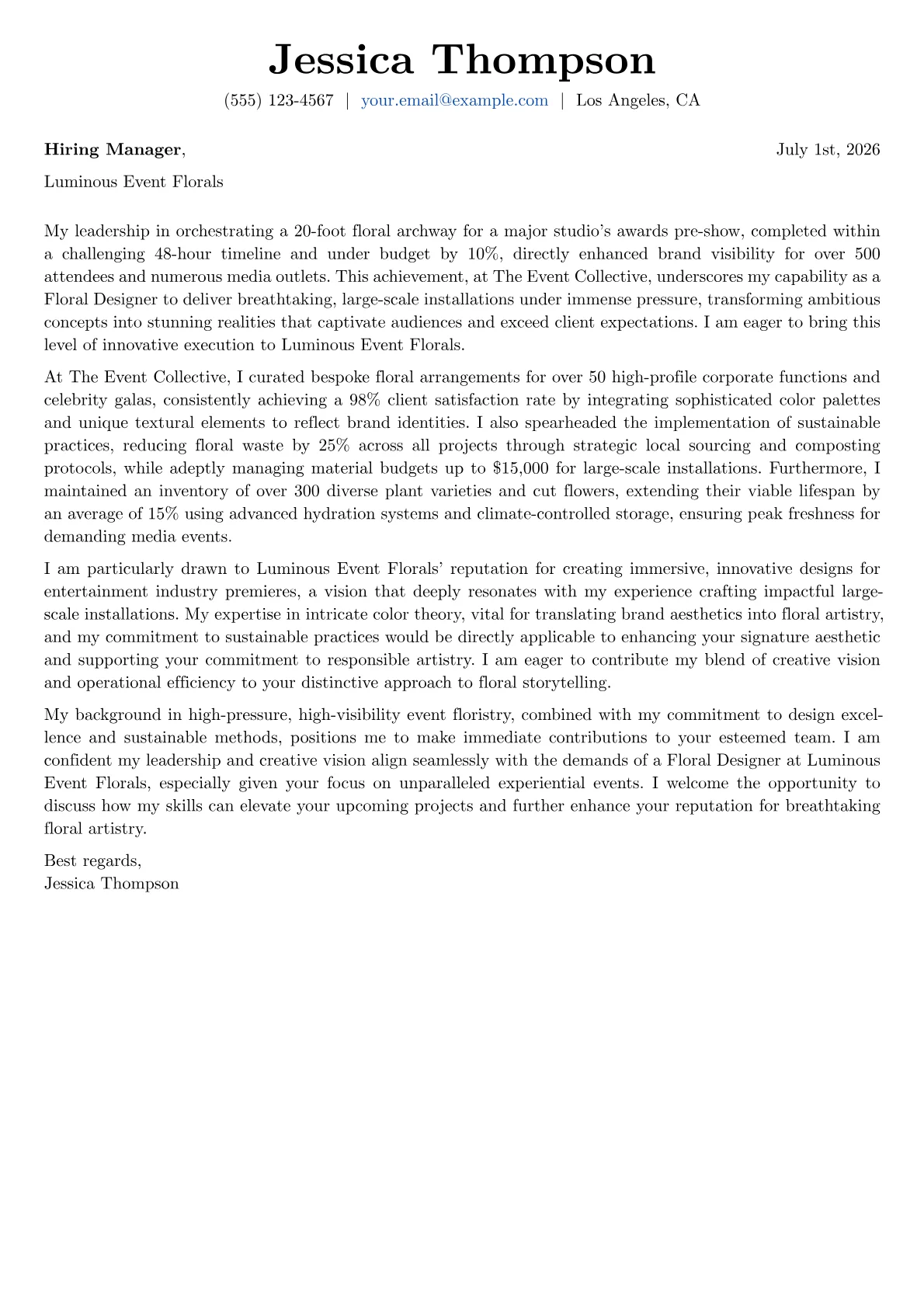 Floral Designer cover letter formatted with a JobSprout template